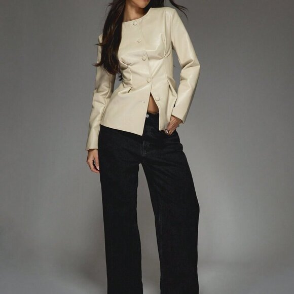 Apricot Elegant Women's Woven Fabric Buttoned Collarless Pintuck Long Coat - Picture 4 of 7